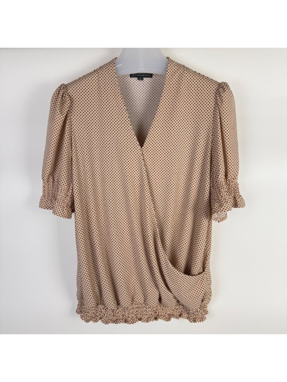 Adrianna Papell Women's Short-Sleeve Faux-Wrap Top Blouse Tan Polka Dot Size M